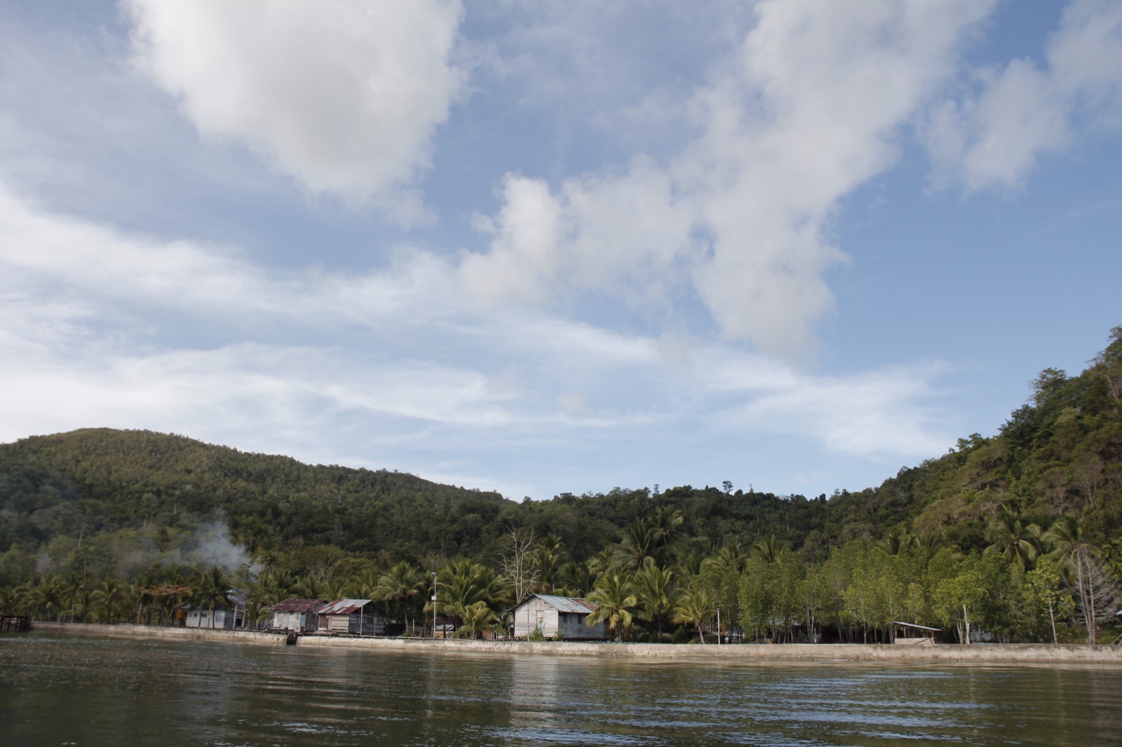 Waifoi village beneath forested hills on the shore of Mayalibit Bay