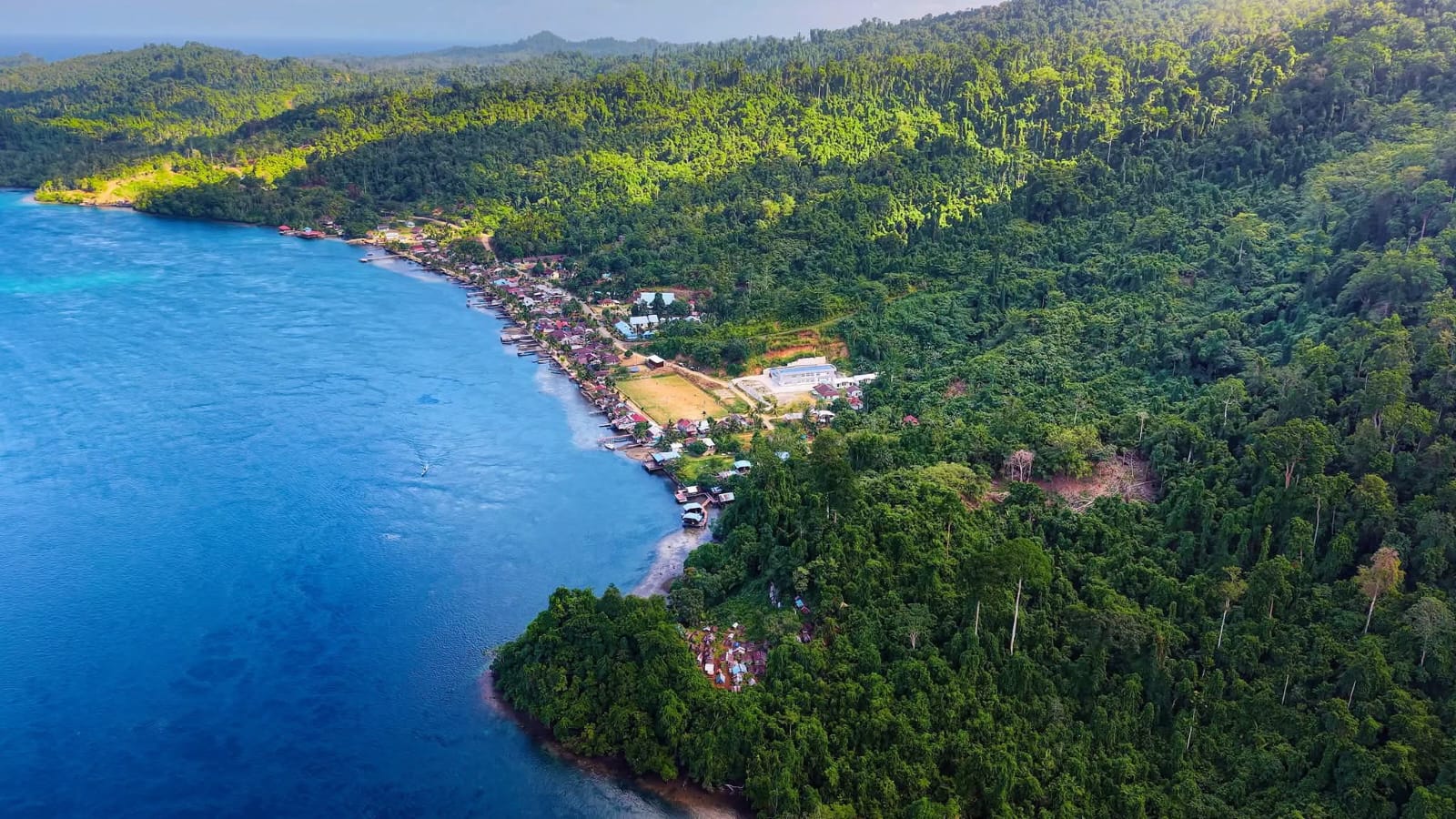 Aerial view of Warsambin village on the coast of Mayalibit Bay
